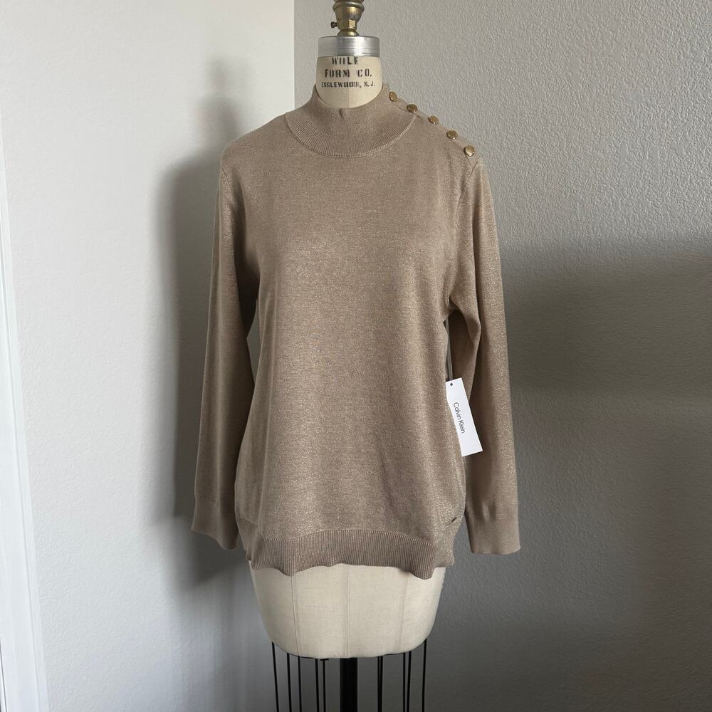 Calvin Klein | NWT Mock Neck Gold and Lurex Sweater with Gold Buttons size XL